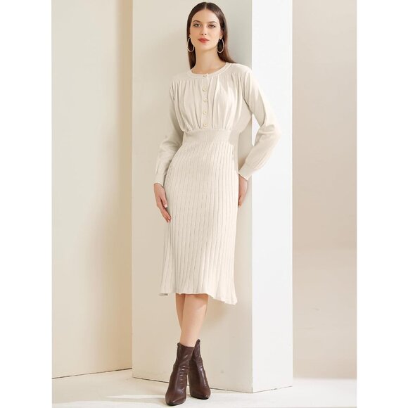 Women's Ribbed Knit Midi Dress Crew Neck Pleated Bishop Sleeve Casual - Picture 3 of 5